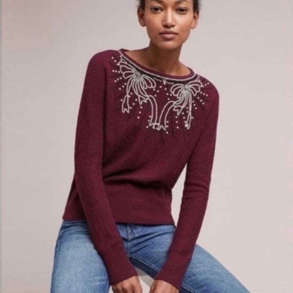 Anthropologie Field Flower Beaded Sweater Pearl Bows XL